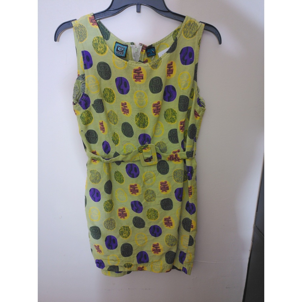 Ecote Mini Dress Womens Medium Green Vintage Inspo Abstract Belted Rayon